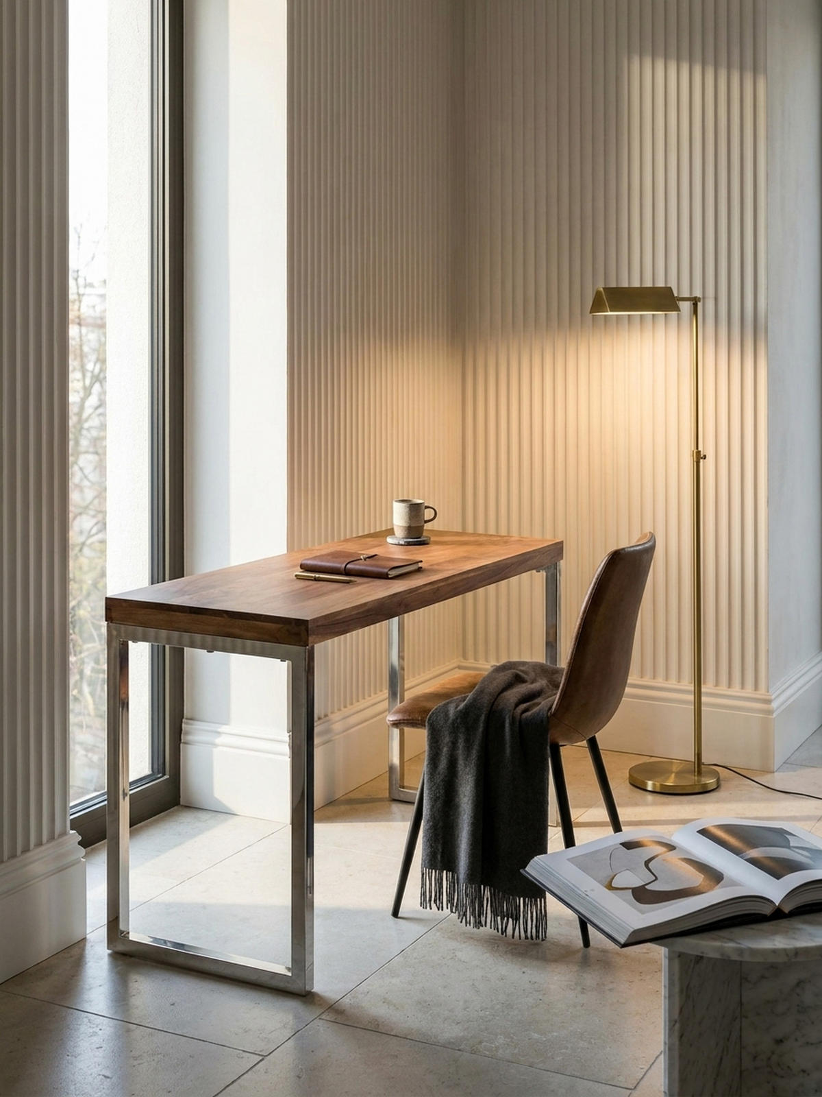 KONSOLENTISCH Massivholz Chromgestell Handgefertigt ISEN, Beige 120x45x77 cm - Beige/Silberfarben, Holz/Metall (45/120/77cm) - KADIMA DESIGN
