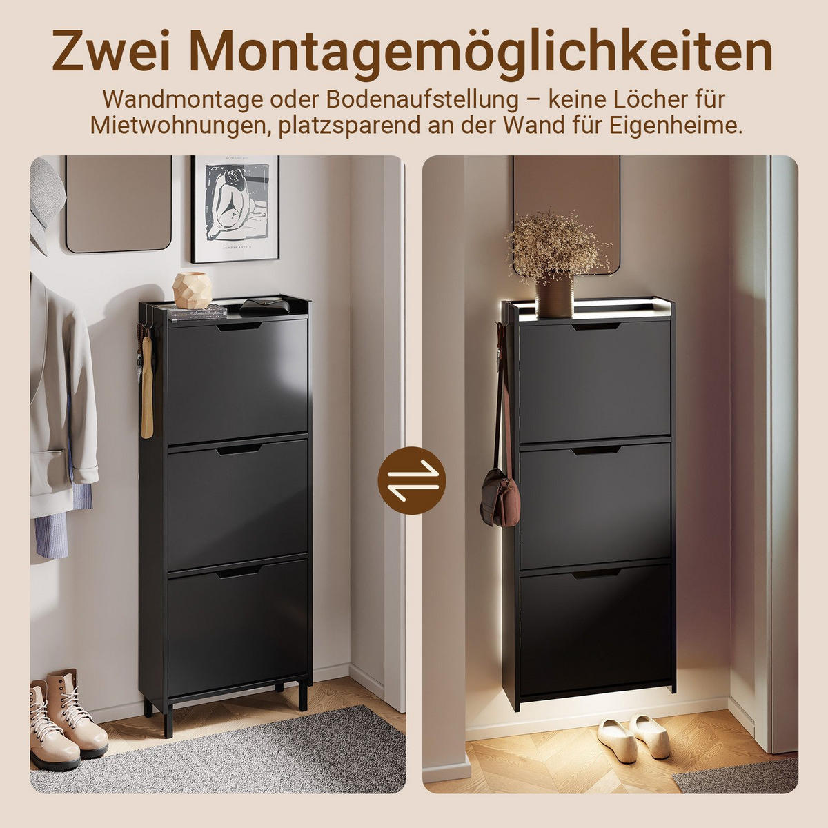SCHUHSCHRANK mit 3 Klappen und Sensorlicht Schwarz 50x19x131cm - Schwarz, Holzwerkstoff (19/131/50cm) - SoBuy