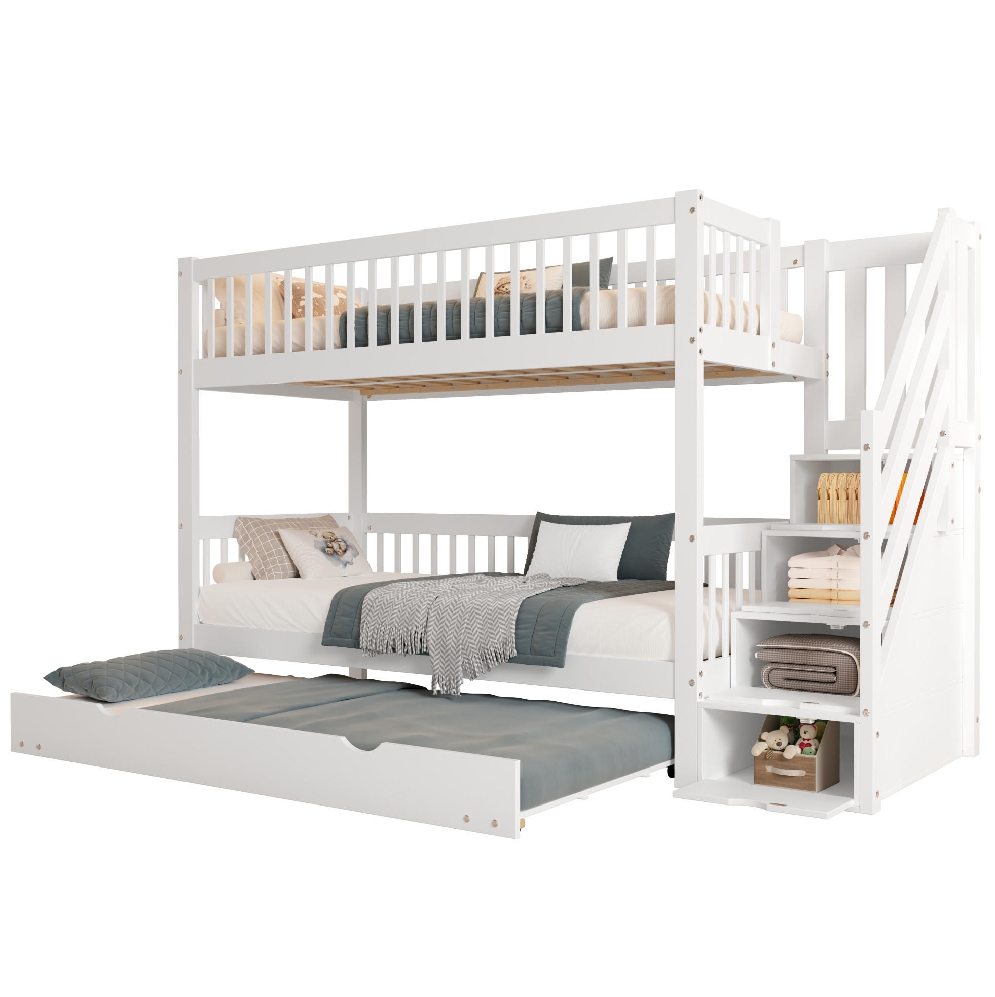ETAGENBETT 90/200 cm aus Kiefer und MDF mit Rollbett, Leiterschrank und Rundum-Fallschutz, Weiß - Weiß, Holz (90/200cm) - Redom