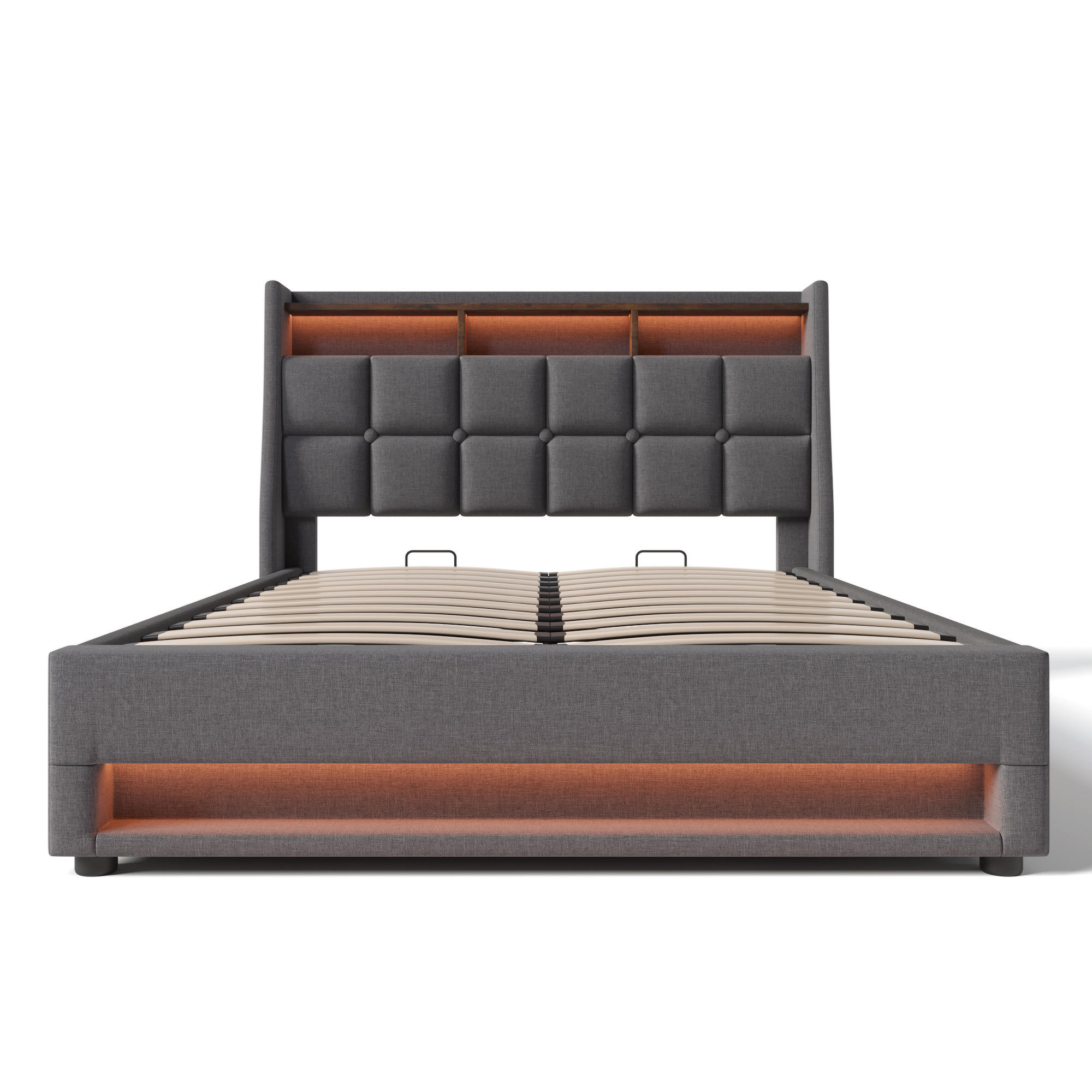 POLSTERBETT 140/200 cm mit LED, USB, Bettkasten und Matratze, Leinen, Grau - Grau, Textil - Redom