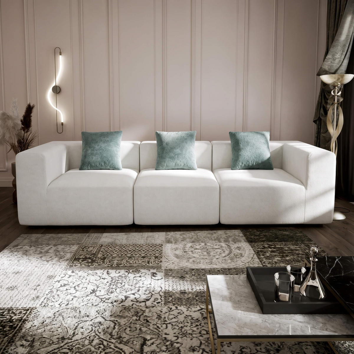 SOFA Pure 3-Sitzer - Weiß Salbei - Türkis/Weiß, Textil (300/62/100cm) - COCO Living