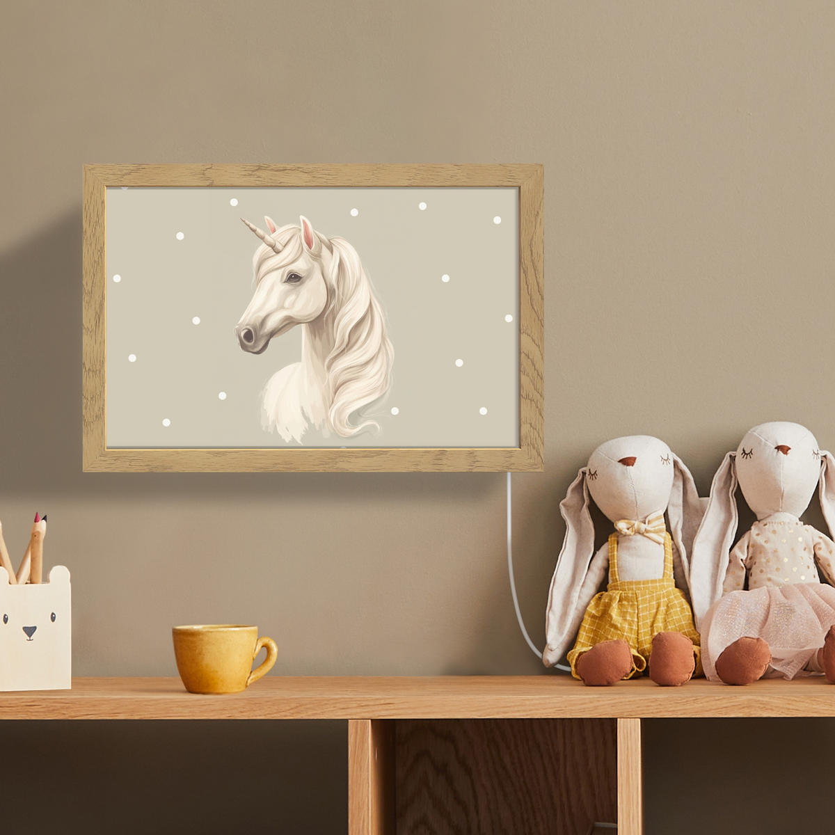 NÁSTĚNNÁ LAMPA Jednorožec - bílý - tečky 30x20 cm - šedohnědá, kompozitní dřevo (30/20/8cm) - OnlyWow