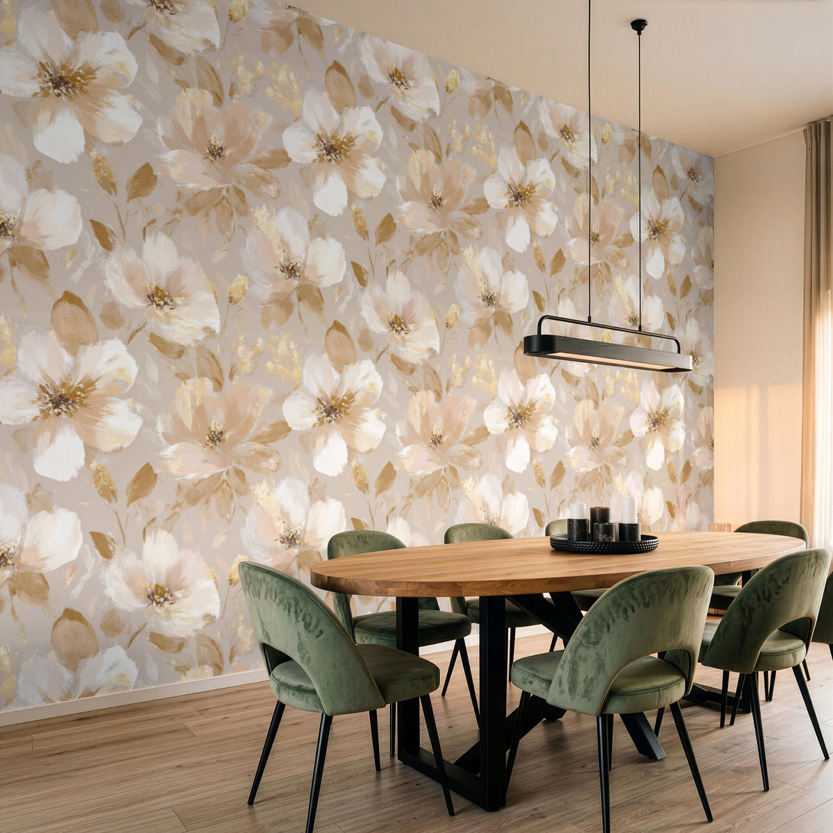 TAPETE - Blumen - künstlerisch - Gold - 450x300 cm - Beige, Papier (450/300cm) - OnlyWow