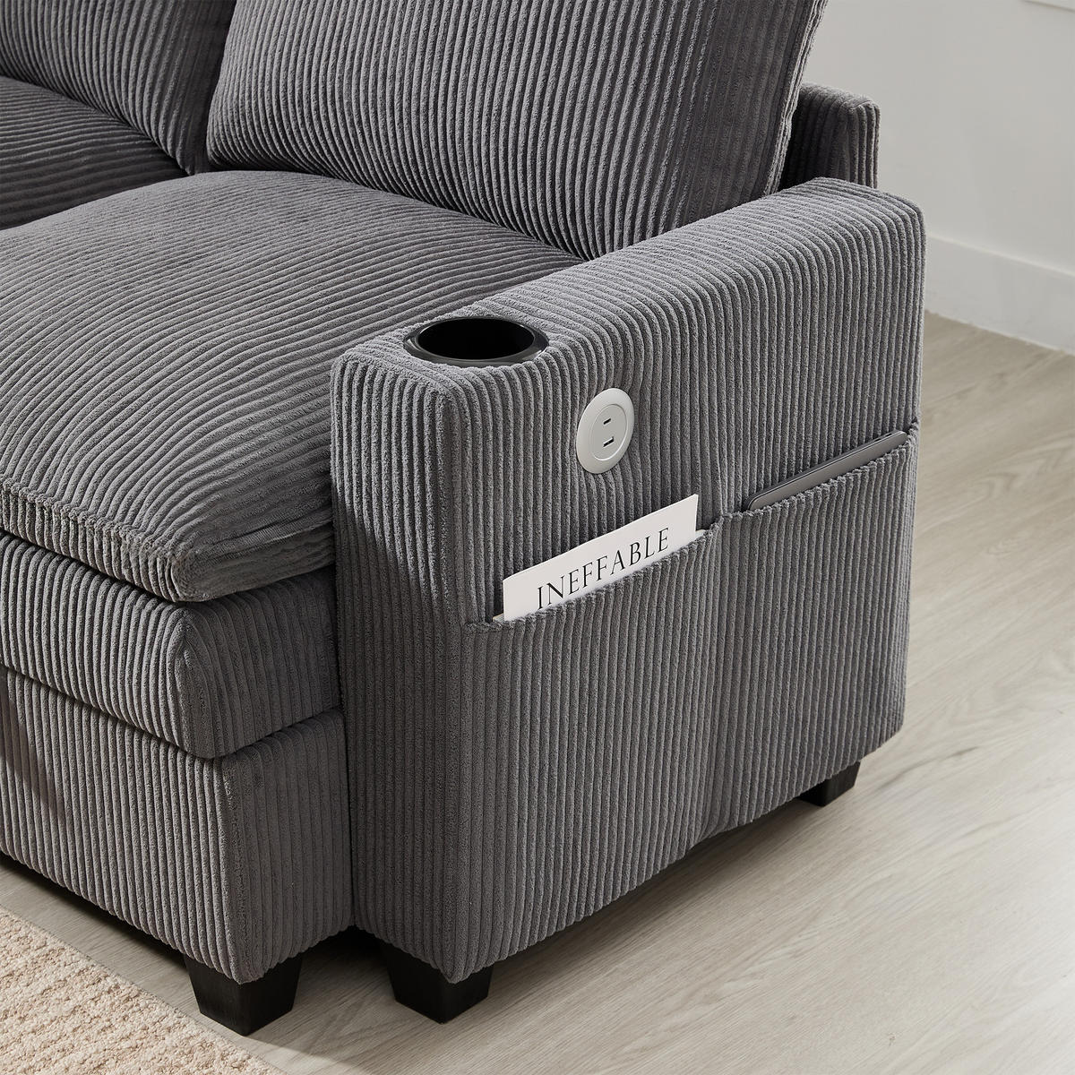 WOHNLANDSCHAFT Cord Grau mit USB, Stauraum und mit Hocker - Grau, Holzwerkstoff/Kunststoff (280/83/150cm) - WISHDOR