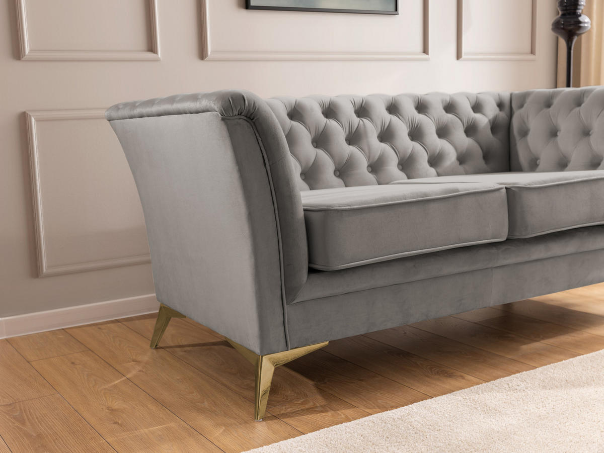 CHESTERFIELD-SOFA 2-sitzer Whitby Grau Samt mit goldenen Füßen - Goldfarben/Grau, Holz/Textil (175/78/82cm) - S-Style Möbel