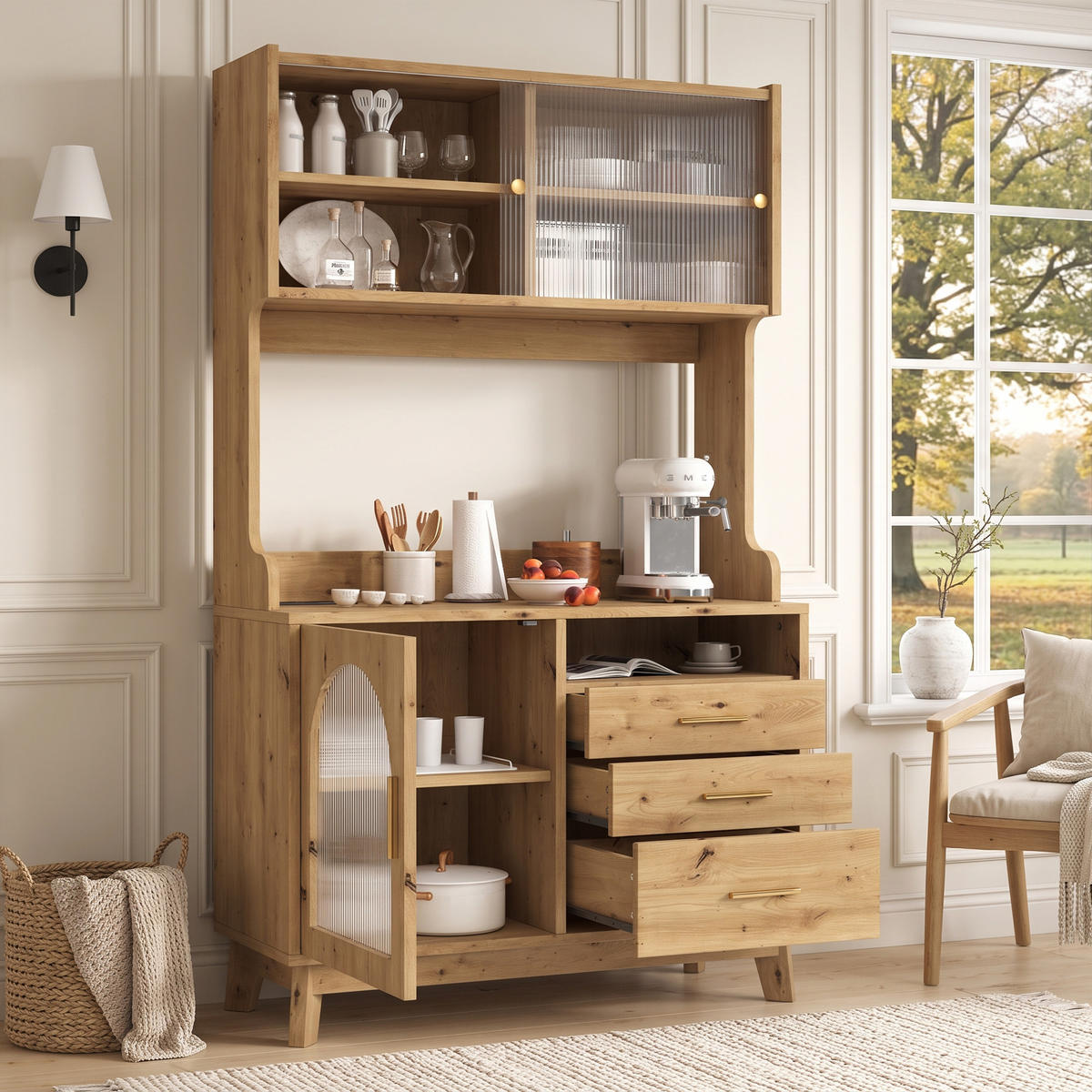 BUFFETSCHRANK 100,5x40x178 cm, 2 Steckdosen, USB-A/USB-C-Anschlüsse, Holzfarbe - Naturfarben, Holzwerkstoff (100.5/178/40cm) - FOHERE