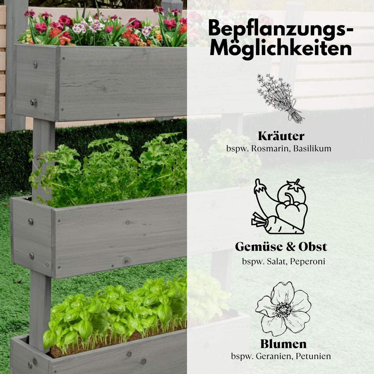 HOCHBEET 3 Etagen Holz Grau 75/30/75 cm - Grau, Holz (30/75/75cm) - Coemo