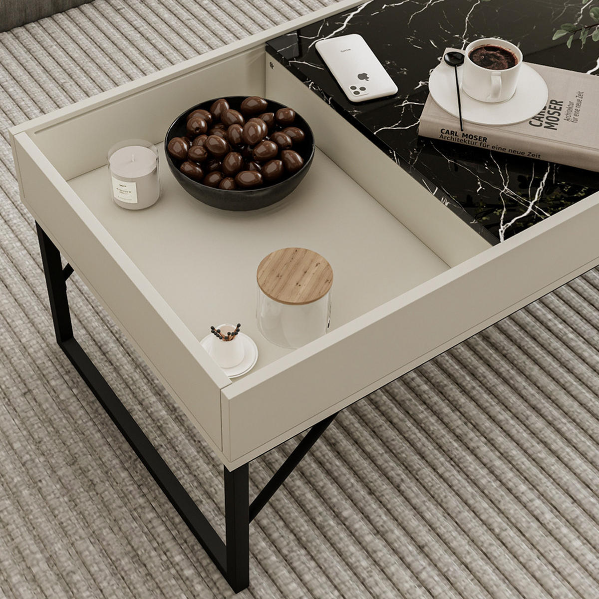 COUCHTISCH Lunero Creme-Weiß 105 x 50 cm - Weiß Hochglanz/Creme, Holzwerkstoff (50/105/40cm) - Vicco