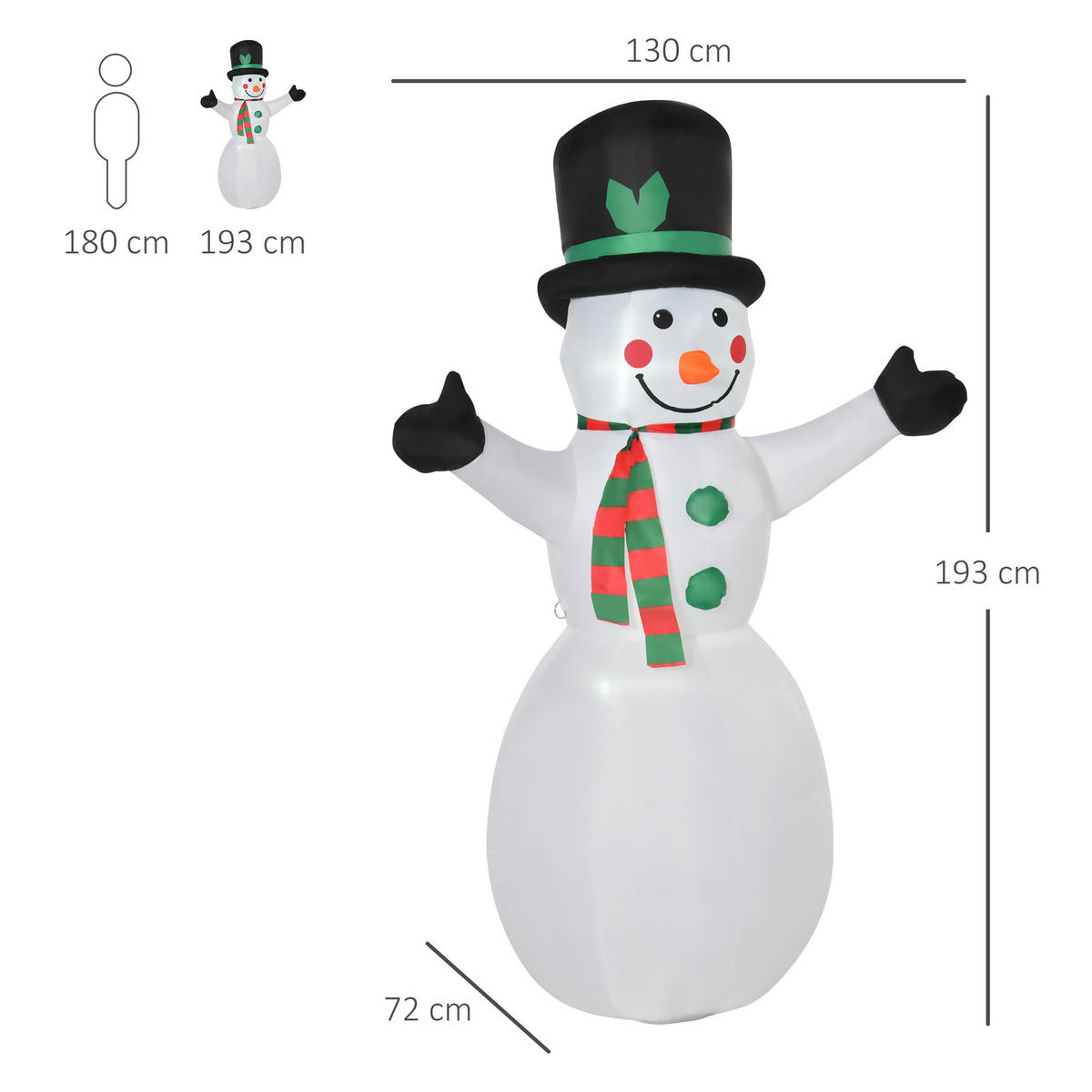 WEIHNACHTSSCHNEEMANN aufblasbarer Schneemann mit 2 Modulleuchten Weiß - Weiß, Kunststoff (72/193/130cm) - HOMCOM