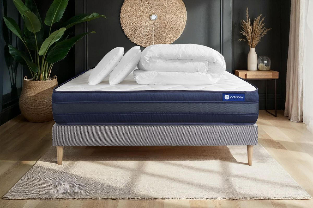 BETT Actiflex tech Taschenfederkern und Memory-Schaum 160 x 200 cm h4 - Kit Bettgestell Grau - Mit Kissen und Bettdecke - Beige/Grau, Karton/Holz (160/200cm) - ACTISOM