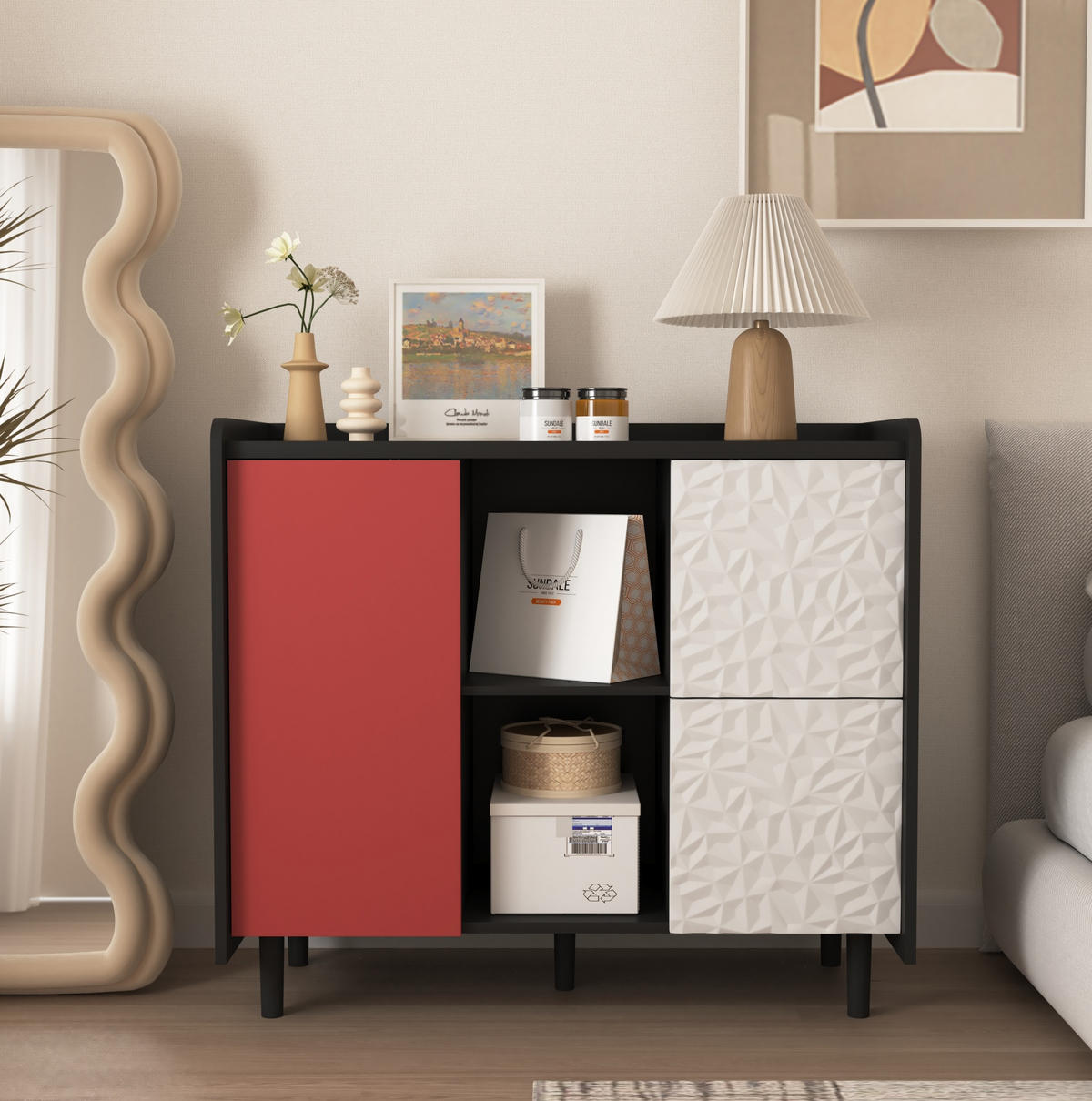 SIDEBOARD 90/40/80 cm, 2 Schubladen, offenes Fach und Tür, MDF Schwarz/Rot, Schwarz/Rot - Rot, Holzwerkstoff (90/80/40cm) - Redom