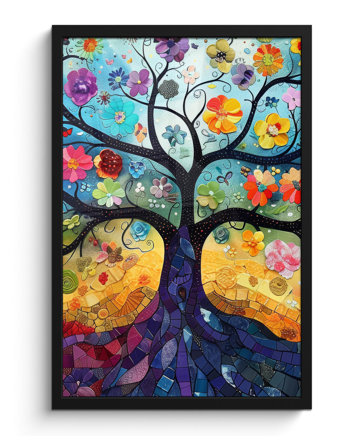 GERAHMTES BILD Kunst - Baum des Lebens - Blumen - Hippie 40x60 cm - Dunkelblau, Papier (40/60cm) - MuchoWow