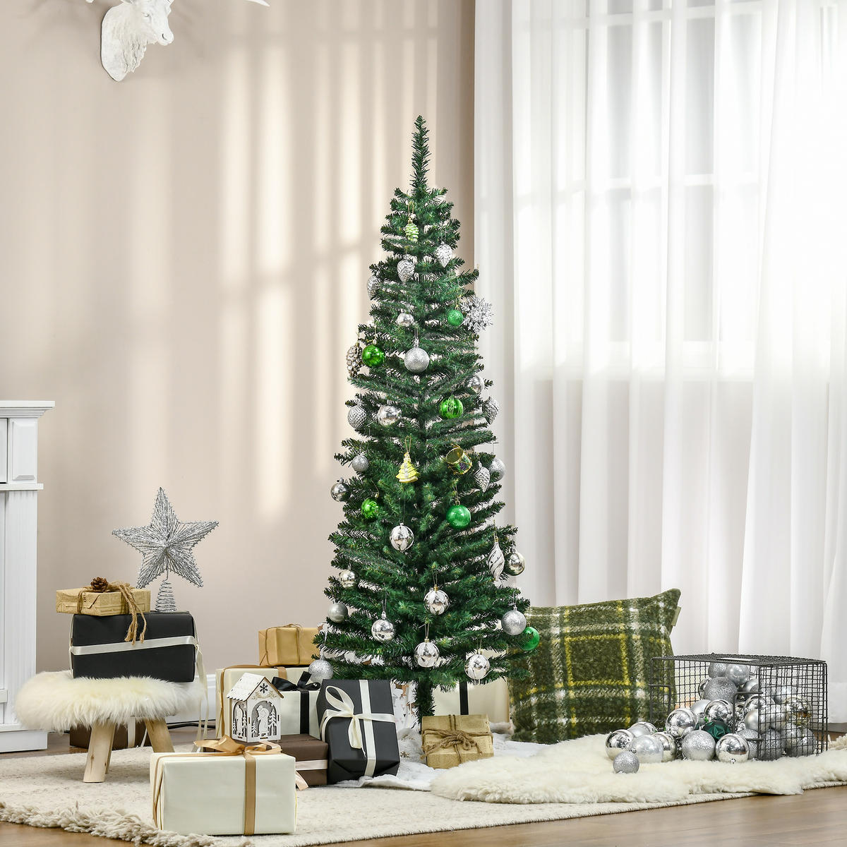 WEIHNACHTSBAUM Christbaum Kunsttanne Tannenbaum mit Beere Metallfuß PET - Grün, Kunststoff (150cm) - HOMCOM