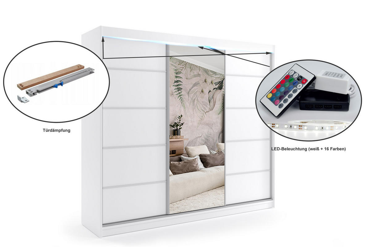 KLEIDERSCHRANK mit Spiegel-Schiebetüren und Aluminium-Leisten, LED-Beleuchtung - MAKI - 240 cm Weiß - Weiß, Holzwerkstoff (240/216/61cm) - ALTDECOR