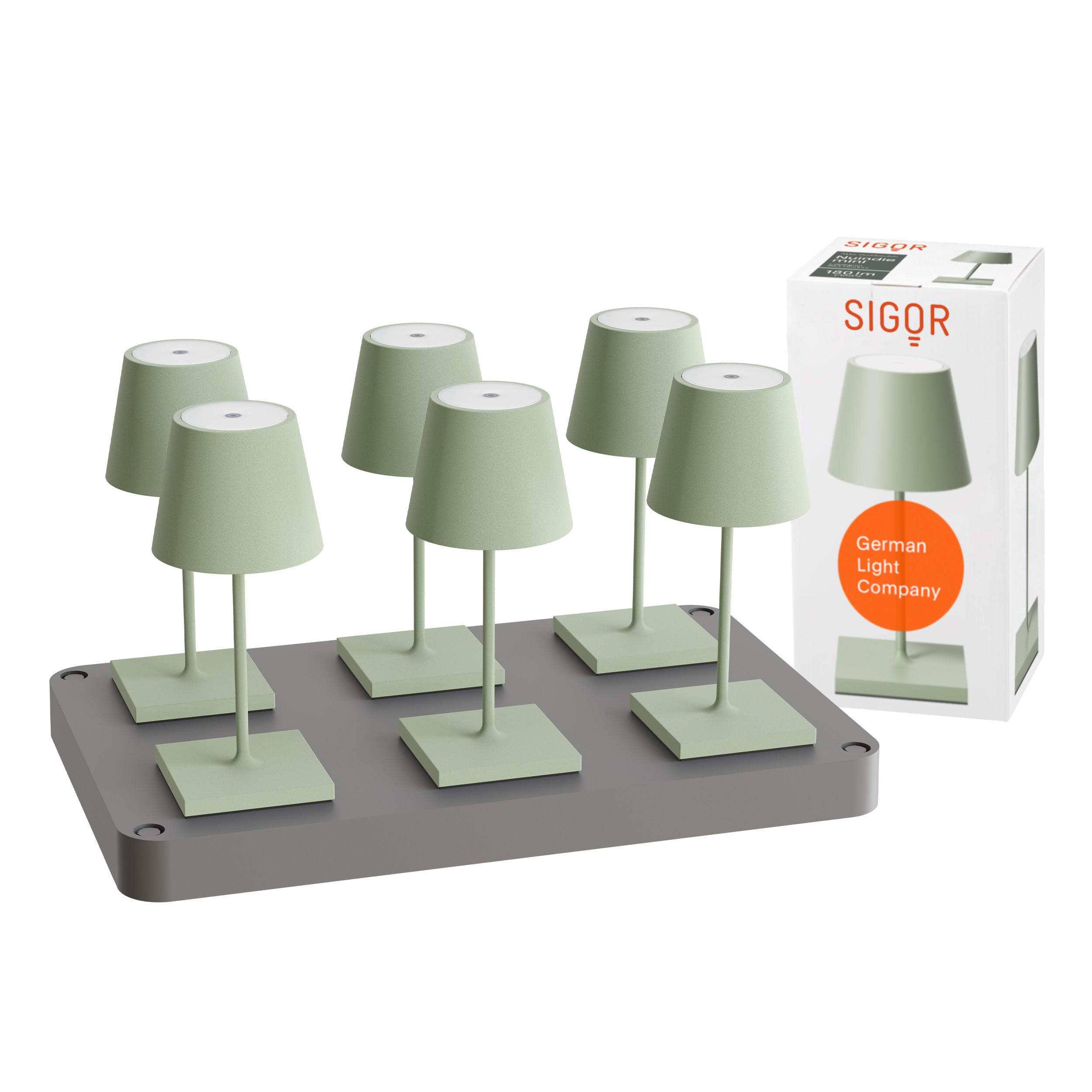LED Akku-Tischlampe, Nuindie mini 3.0 6er-Set mit Ladestation, salbeigrün - Grün, Metall (25/10/25cm) - Sigor