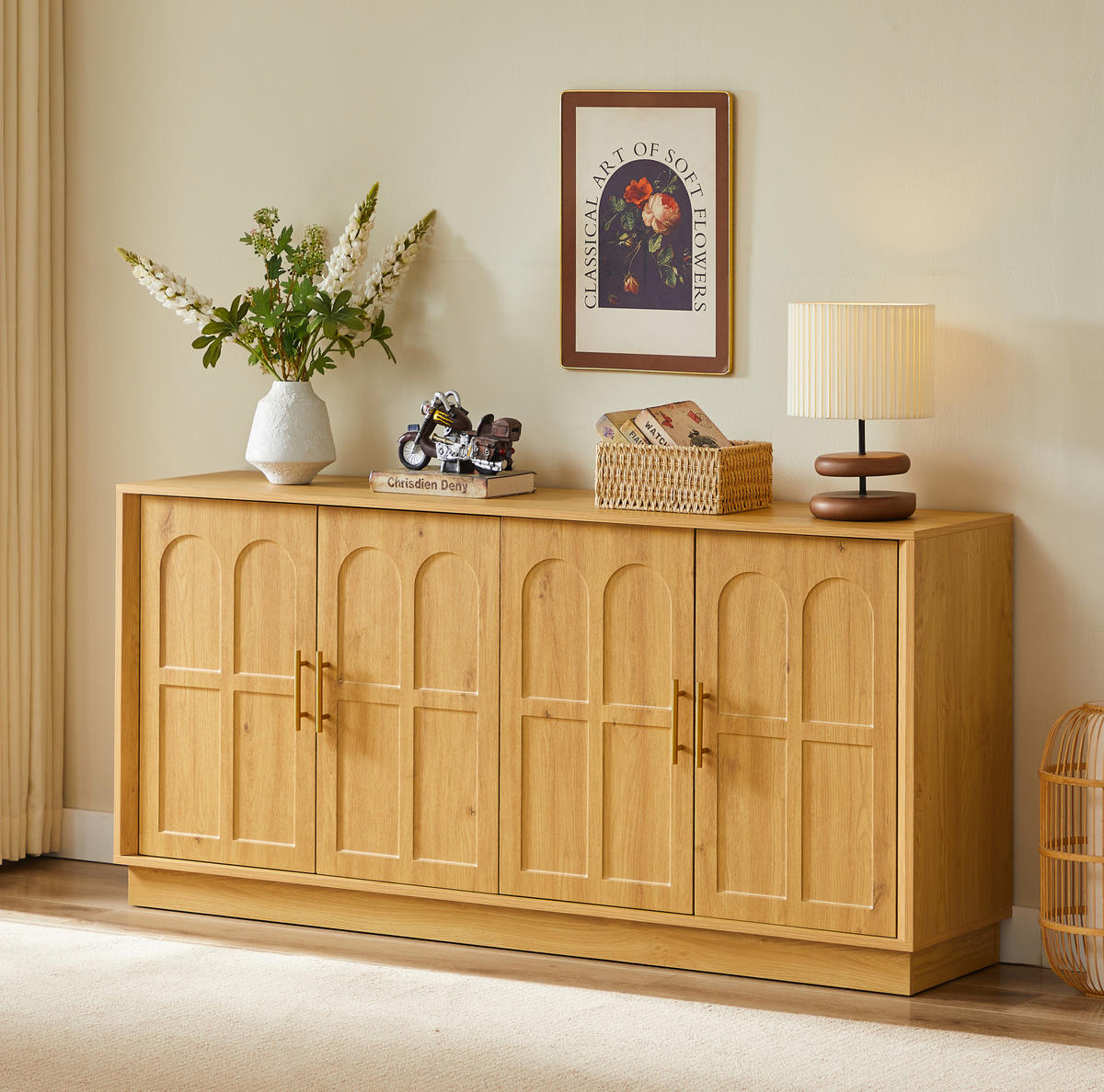 SIDEBOARD 169/40/80 cm in Natur mit geschwungenen Türen und verstellbaren Böden - Naturfarben, Holzwerkstoff (169/80/40cm) - Flora Grace