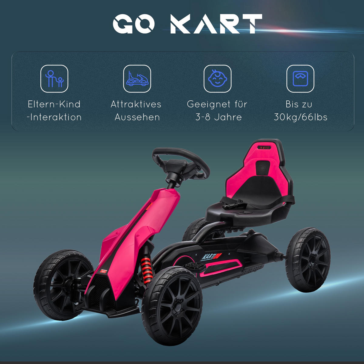 KINDER GO KART TRETAUTO, Rosa, Kunststoff, Metall - Rosa, Metall (100/58/58.5cm) - HOMCOM