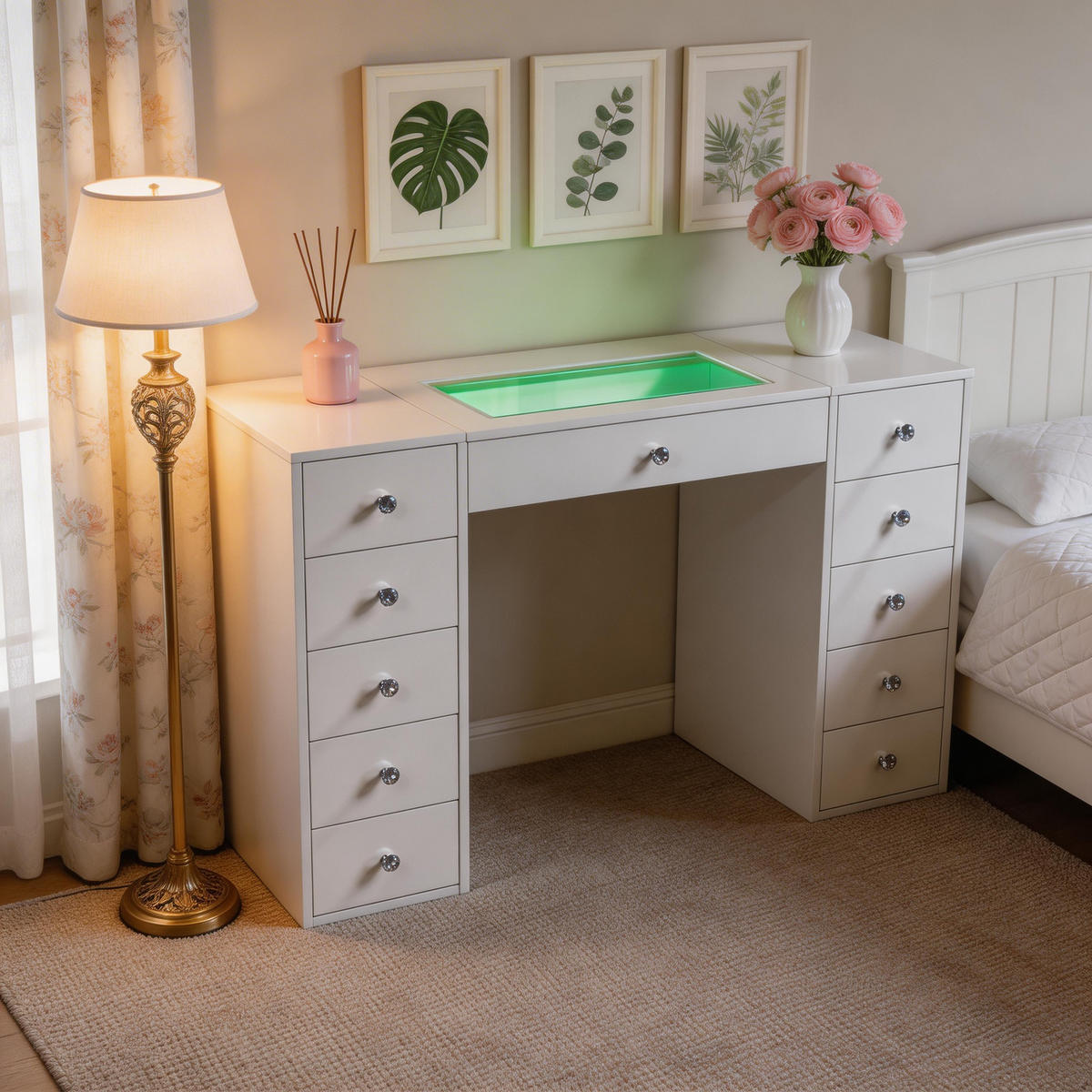 KONSOLENTISCH mit LED 11 Schubladen 130/55/81 CM - Weiß, Metall (55/130/81cm) - VANITII