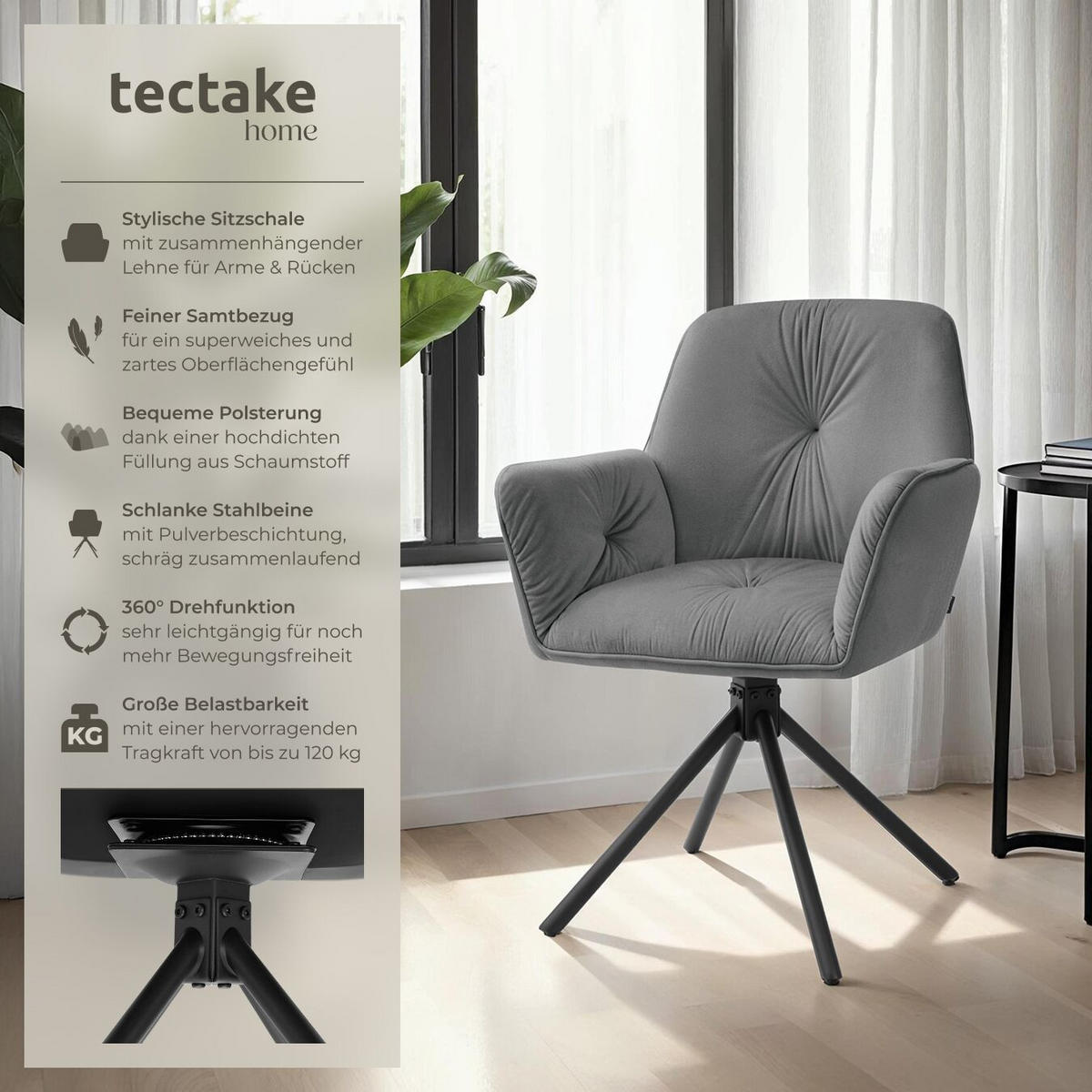 ARMLEHNSTUHL Drehbar Lenia,56,5 x 54 x 86 cm, Samtoptik anthrazit/schwarz - Anthrazit/Schwarz, Kunststoff (56.5/86/54cm) - tectake