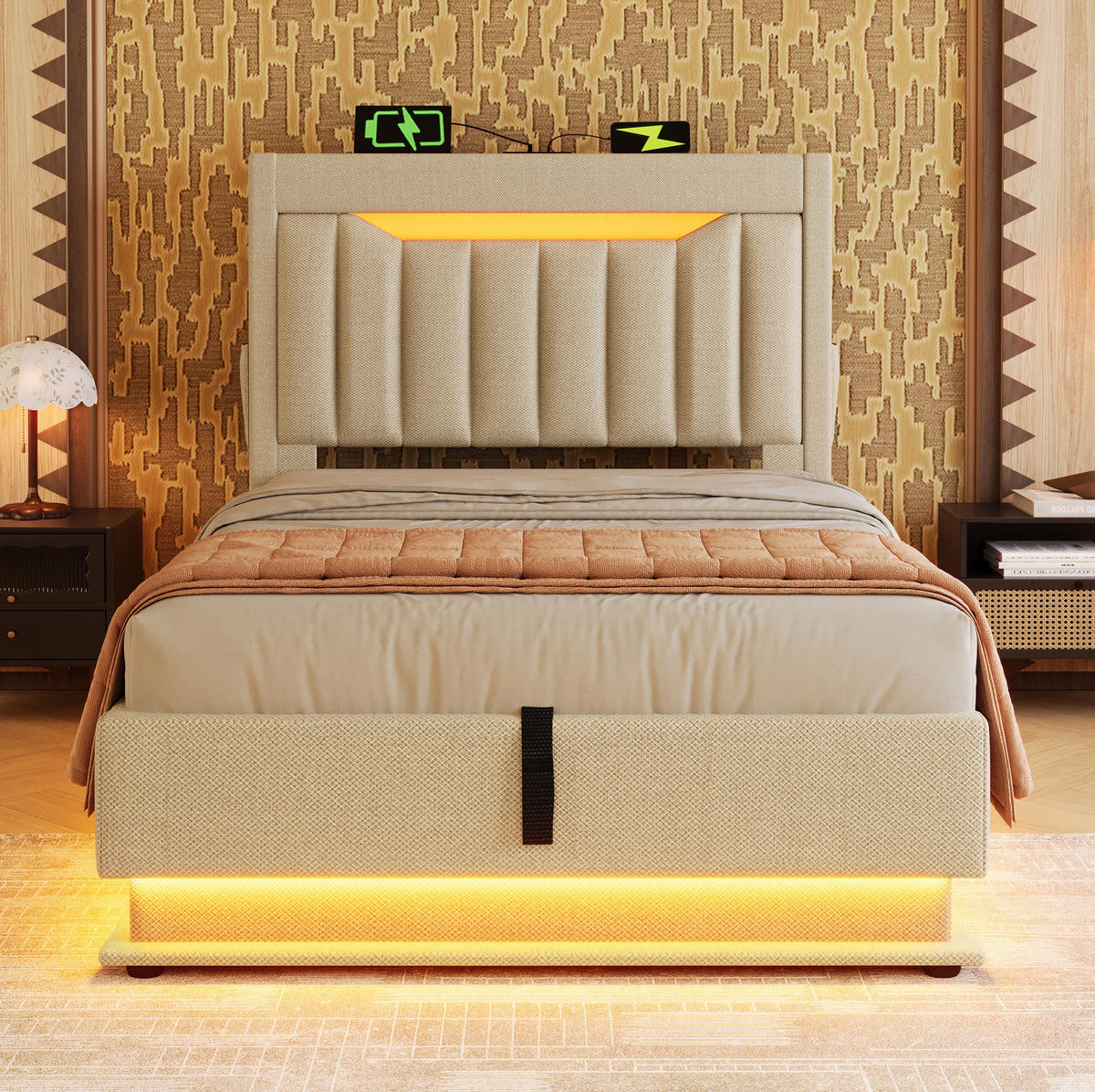 POLSTERBETT 90/200 cm mit Bettkasten, LED-Beleuchtung und Ladefunktion - Beige, Textil (90/200cm) - BEAOK