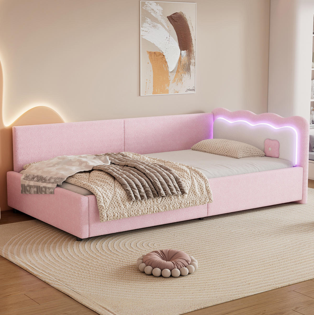 BETT 90/200 cm Rosa mit LED-Beleuchtung und Lattenrost - Rosa, Textil (90/200cm) - Flora Grace