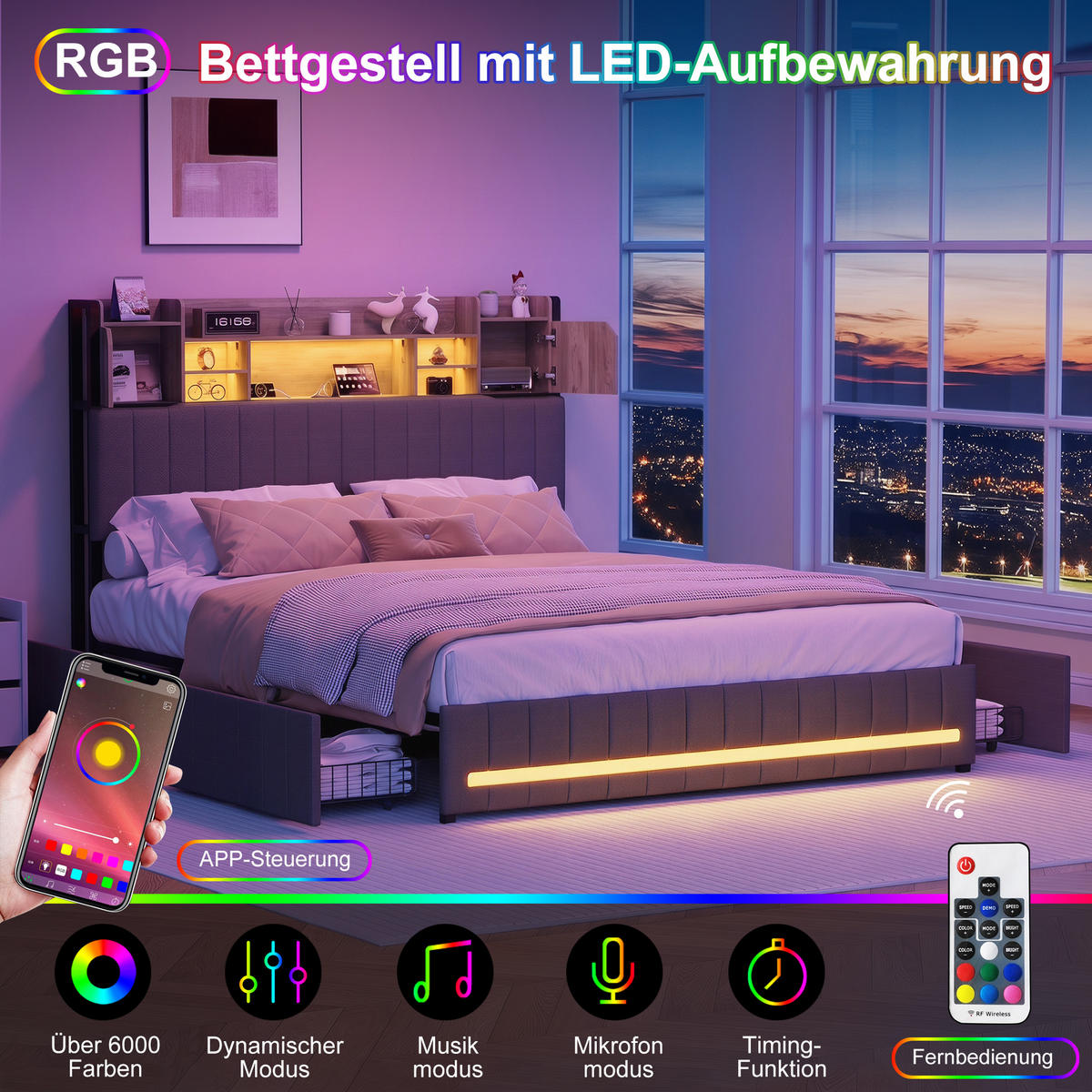 POLSTERBETT 140/200 cm mit Bücherregal-Kopfteil, USB-Anschluss, LED-Beleuchtung & Stauraum-Schubladen, Metallrahmen, Lattenrost inklusive - Anthrazit, Holz/Metall (140/200cm) - Joyfair