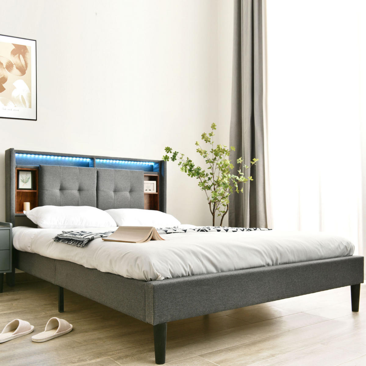 POLSTERBETT mit Stauraum-Kopfteil USB und LED 140x200 cm Grau inkl. Matratze - Grau, Holz (140/200cm) - Meubliv