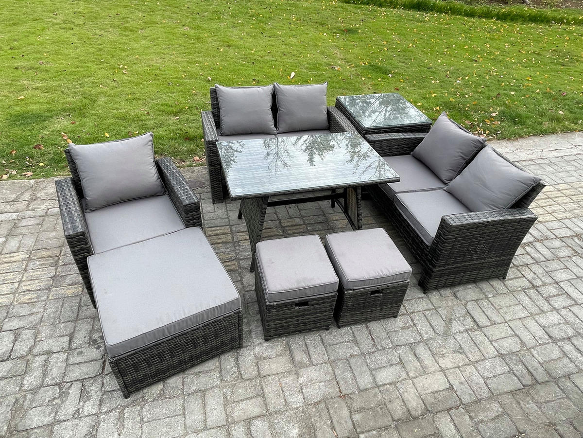 GARTENMÖBELSET mit ESSTISCH,HOCHLEHNER-SOFA Polyrattan Dunkelgrauer Mix 8-Sitzer - Dunkelgrau/Grau, Glas/Kunststoff - Fimous