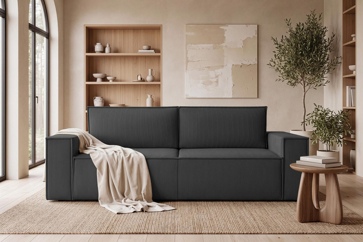 3-SITZER-SCHLAFSOFA NAPI in Pet Friendly Cord-Stoff, dunkelgrau - Dunkelgrau/Schwarz, Textil (244/89/101cm) - KONSIMO®