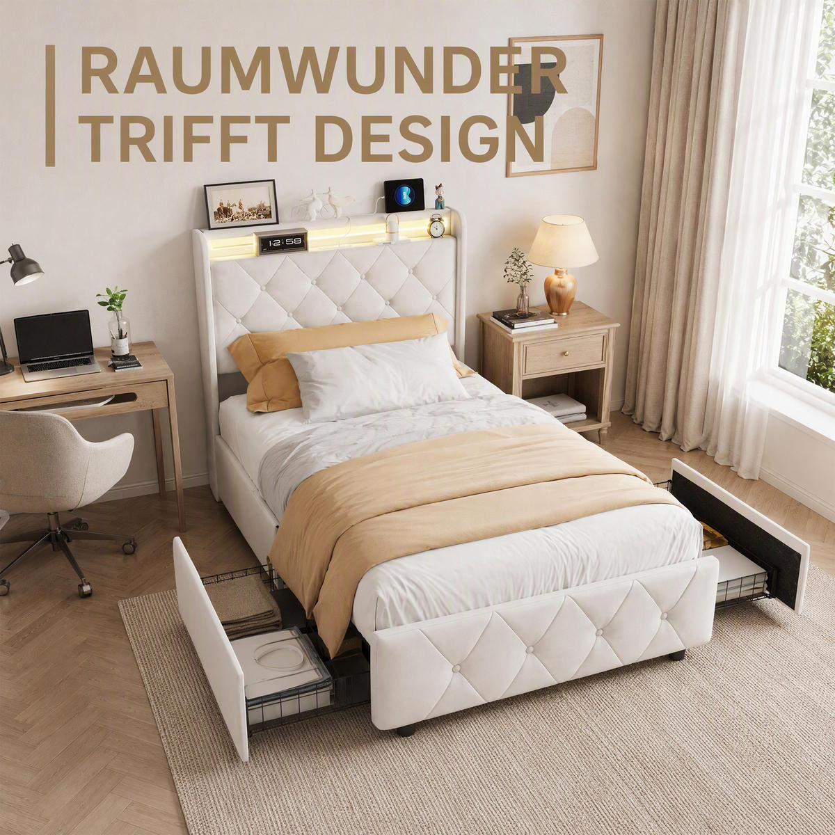 POLSTERBETT, LED-Beleuchtung Einzelbett 90x200cm mit Ladefunktion und 2 Schubladen, Samt, beige - Beige, Holz/Holzwerkstoff (90/200cm) - GENKI LIVING