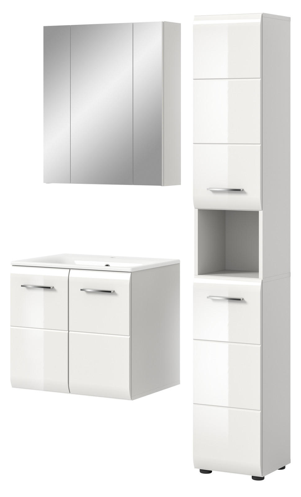 BADMÖBEL Set 3-teilig in weiß Hochglanz inkl. Waschbecken 105 x 185 cm Cover - Weiß Hochglanz/Silberfarben, Holzwerkstoff/Kunststoff (105/185/46cm) - Inn.Furn