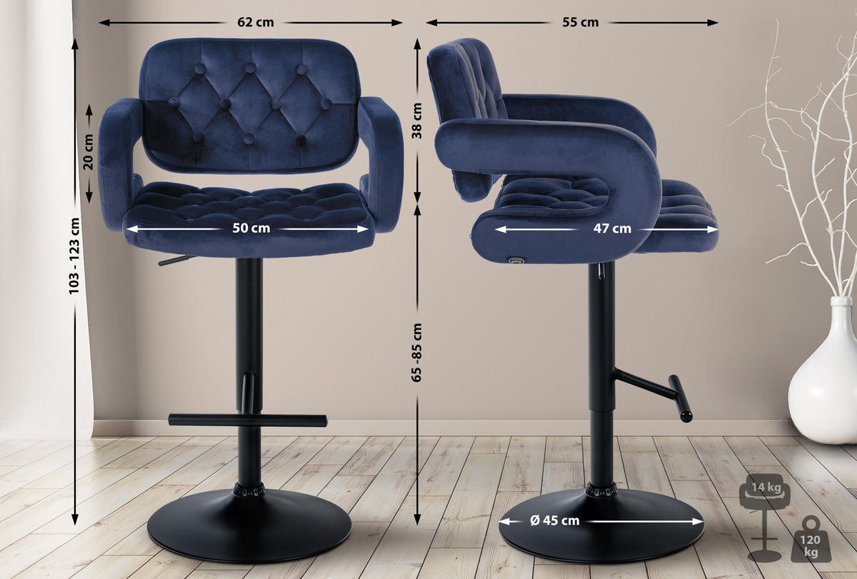 BARHOCKER Samt blau - Blau/Schwarz, Textil (62/103/55cm) - CLP