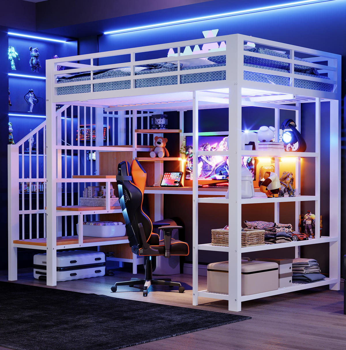 HOCHBETT 140/200 cm aus Metall und Holz mit Schreibtisch, LED und Treppe Weiß - Weiß, Metall (140/200cm) - OKMYHOME