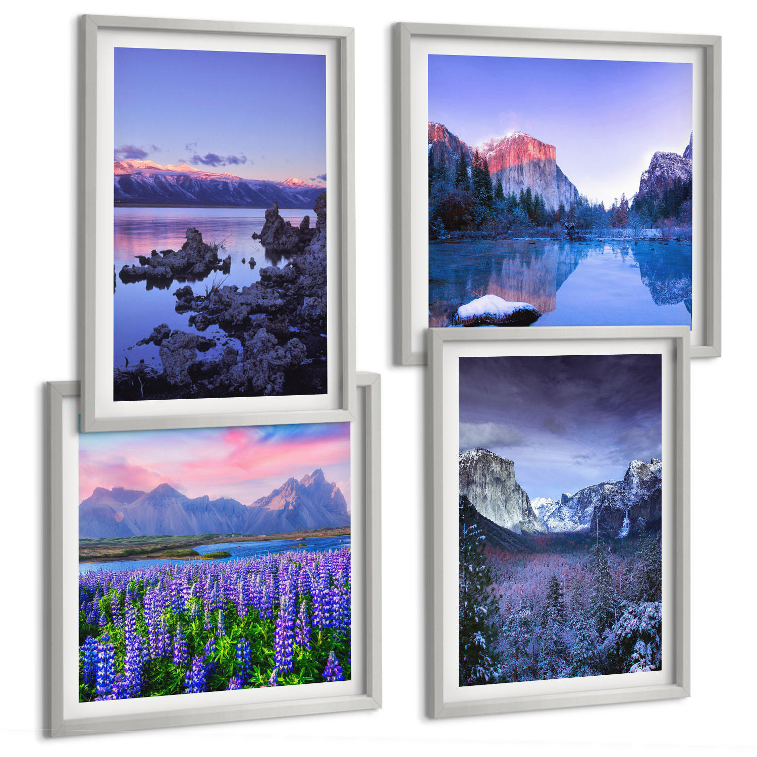 BILDER SET 4er Set - 50x50 cm & 40x60 cm Silberner Rahmen - Berglandschaften, Wasser, Blumenfeld - Silberfarben, Kunststoff (50/50cm) - TULUP
