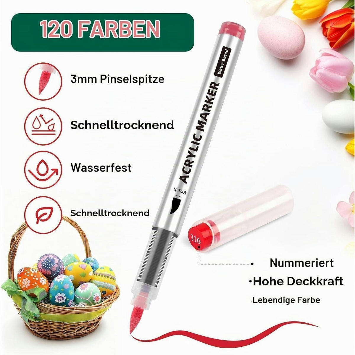 ACRYLSTIFTE Set 120 Farben Brush Tip Wasserfest - Multicolor, Kunststoff (1.3/1.3/13.4cm)