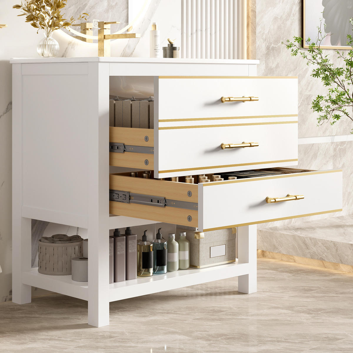 WASCHTISCHUNTERSCHRANK mit Keramikbecken 66x46.5x86cm Weiß-Gold, 2 Schubladen - Weiß, Holzwerkstoff (76/86/46.5cm) - Modfu