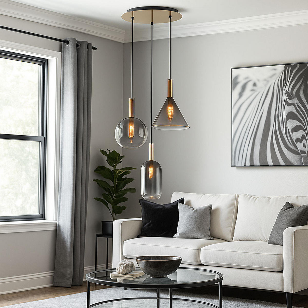 PENDELLEUCHTE ELISABETH, Messing, 3-flammig - Messingfarben, Glas (43/43/150cm) - Globo Lighting