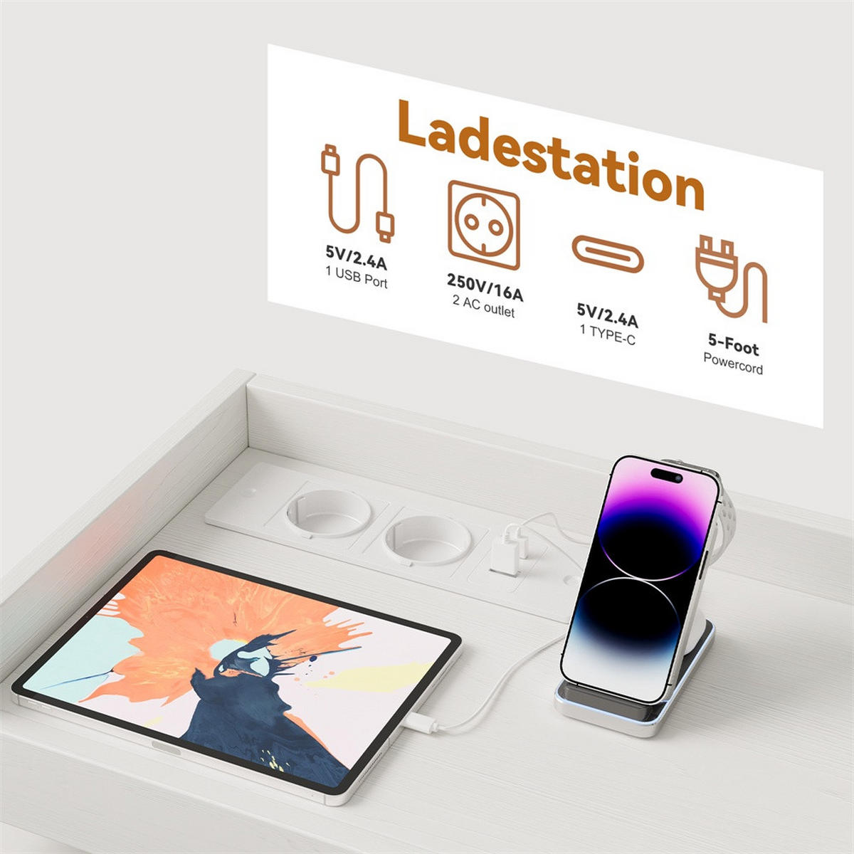 KOMMODE mit 8 Schubladen - integrierte Ladestation und RGB-LED-Beleuchtung - Weiß - Weiß, Holzwerkstoff (108/82/30cm) - DELFA