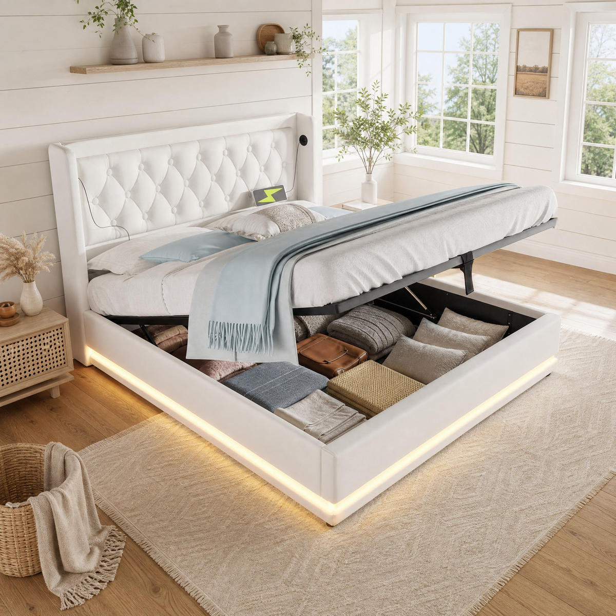 POLSTERBETT 160/200 mit Bettkasten, 3-seitiger LED-Beleuchtung und USB Type-C in Weiß - Weiß, Holzwerkstoff/Textil (160/200cm) - EVRYAE