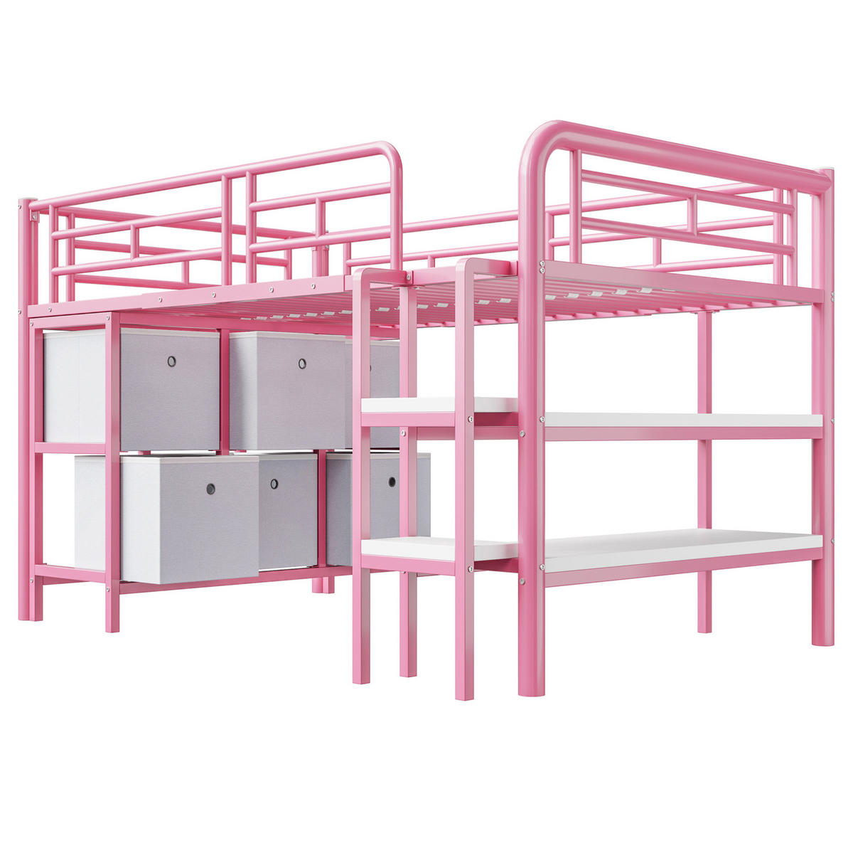 HOCHBETT aus Metall 90x200 cm in Rosa mit Treppe & Stauraum - Rosa, Metall (90/200cm) - Modfu