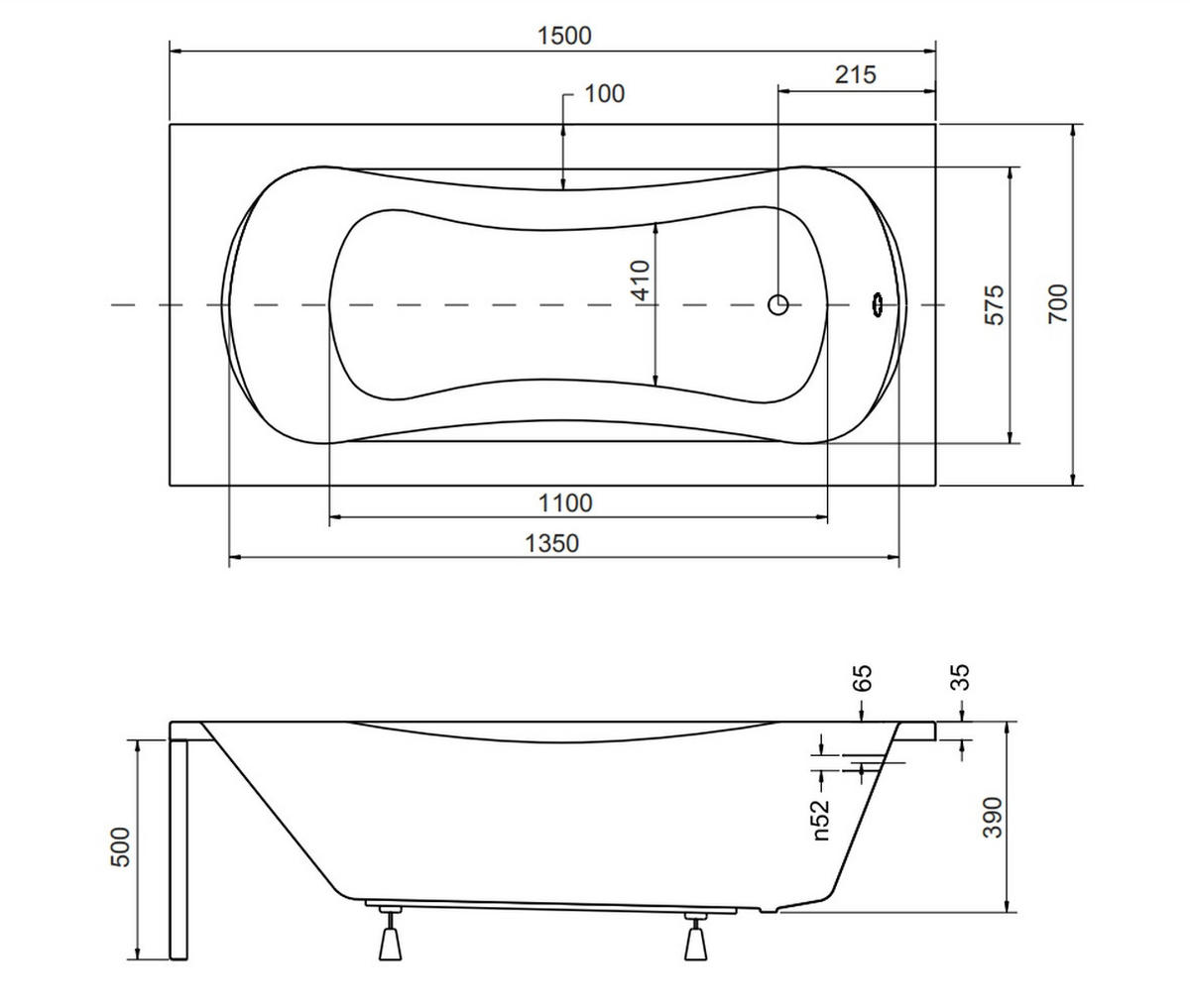 BADEWANNE Rechteck ARIA 150/70 mit Styro Ablauf Füße - Weiß, Kunststoff (70/50/150cm) - bad land