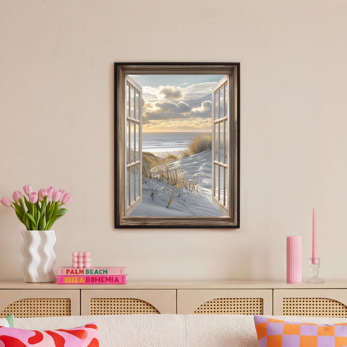 LEINWAND Bilder mit Rahmen - Ausblick - Strand - Dünen - Meer - Natur - 60x80 - Sandfarben, Textil (60/80cm) - MuchoWow