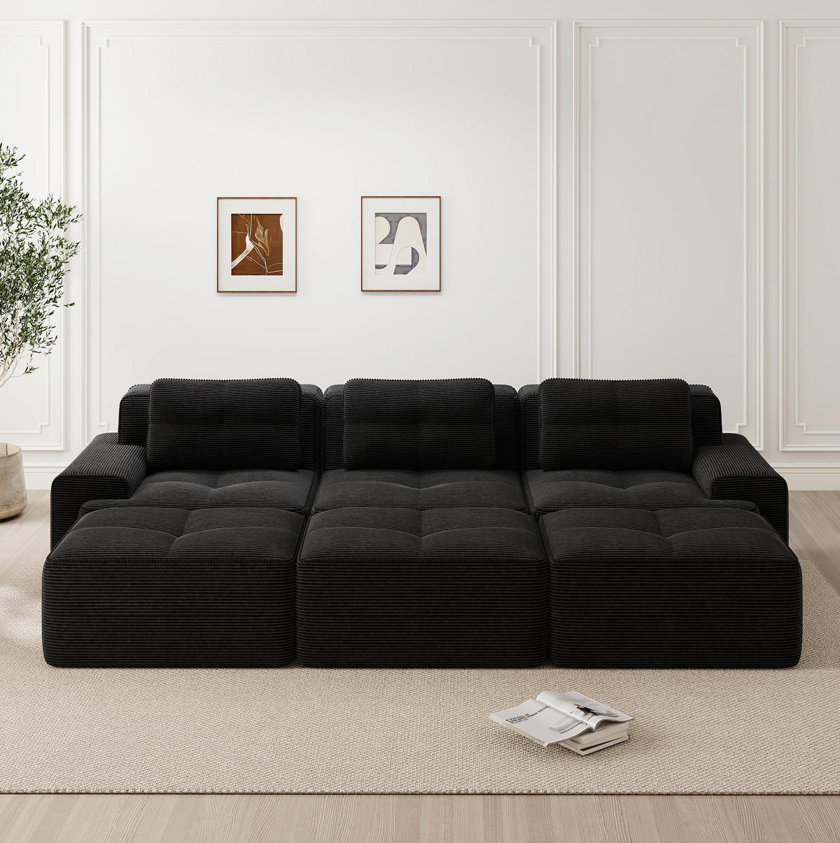 MODULARES Ecksofa aus Cord Schwarz 293x177x69 cm mit Schlaffunktion und variabler Anordnung - Schwarz, Textil (177/293cm) - IVMEU