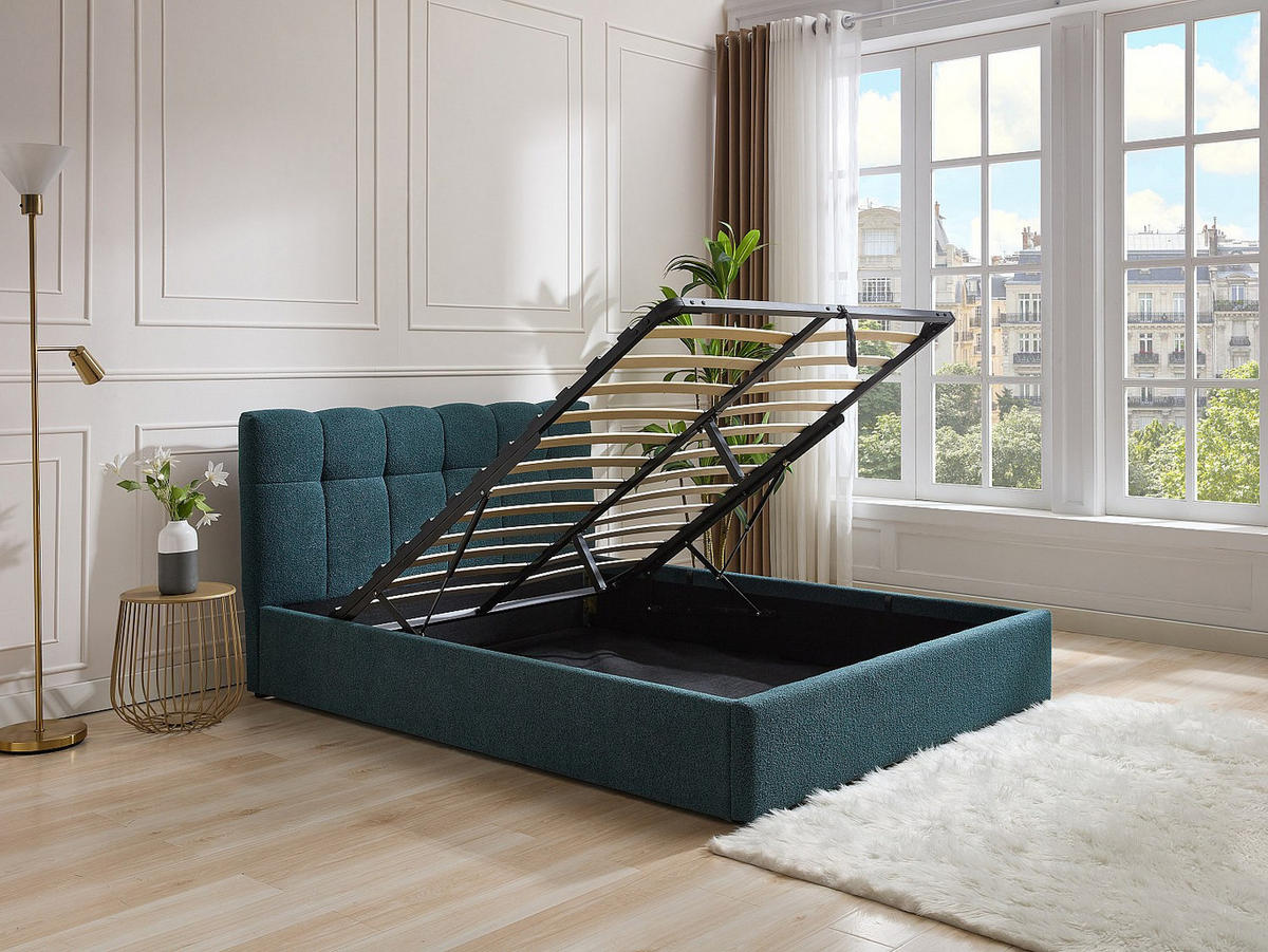 BETT mit Bettkasten - 2 Personen - Stoff - Blaugrün - - Grün, Textil (160/200cm) - Vente-Unique