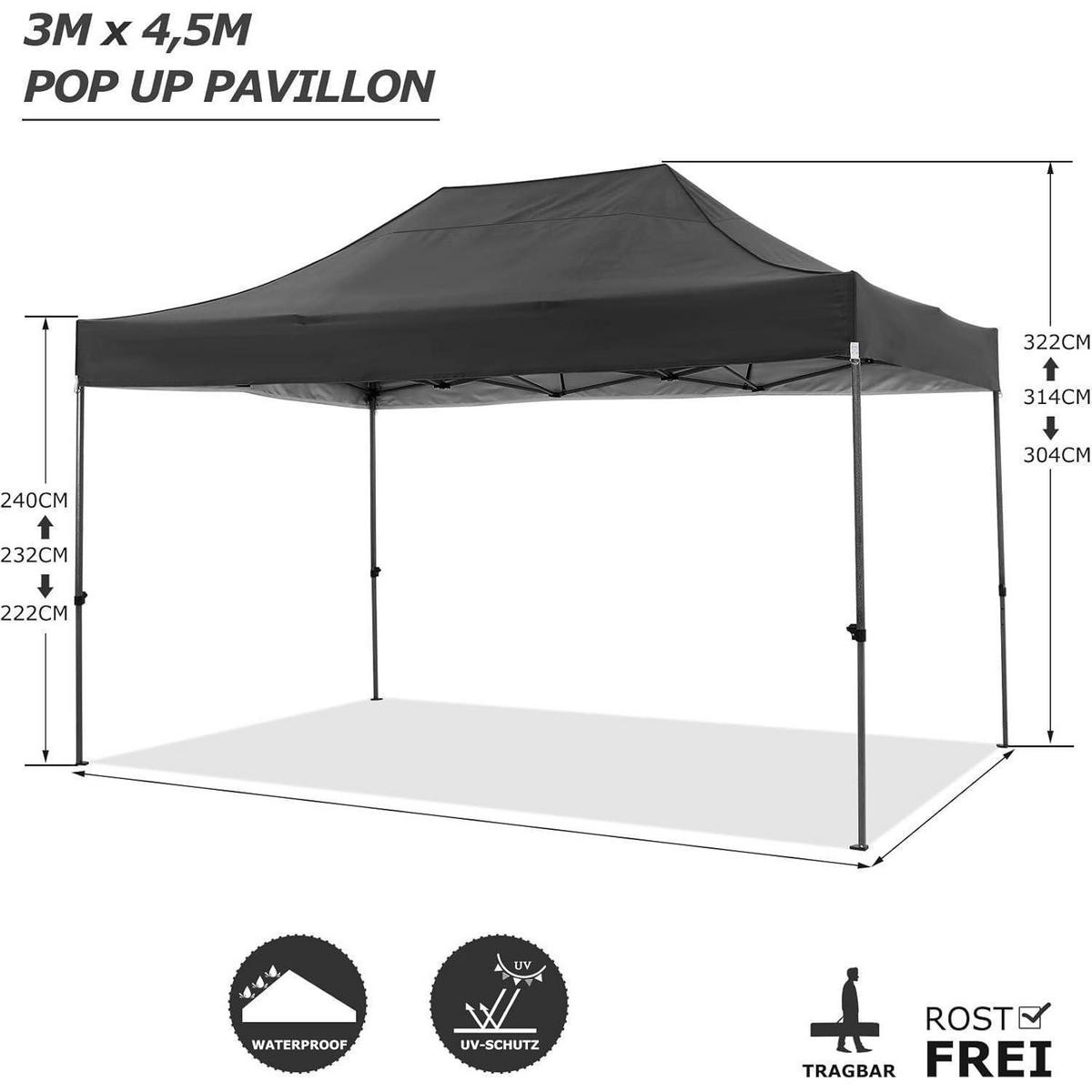 FALTPAVILLON 300 x 450 cm Wasserdicht Schwarz mit 4 Seitenwänden - Schwarz, Textil (300/240/450cm)