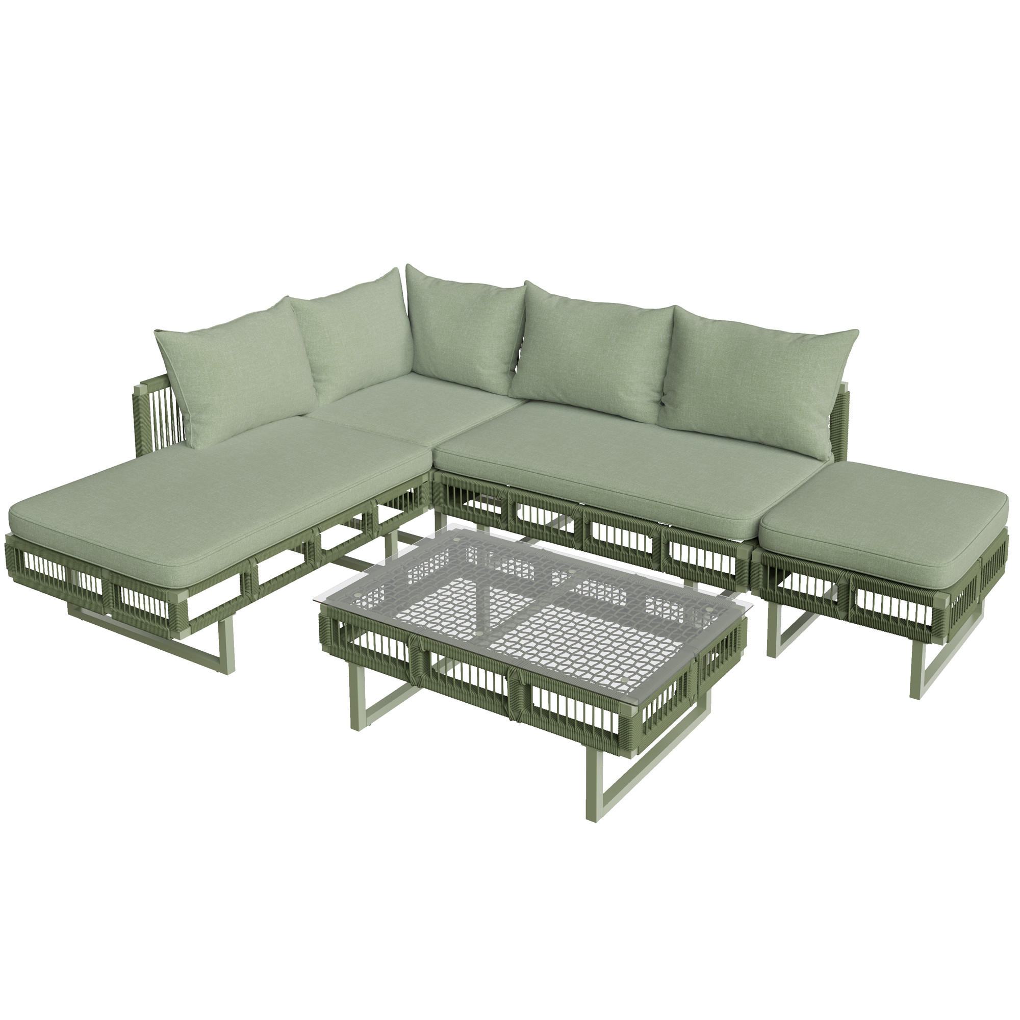 LOUNGESET, Seilgeflecht, Verstellbare Füße, Glas-Couchtisch, Grün - Grün, Metall - FLIEKS