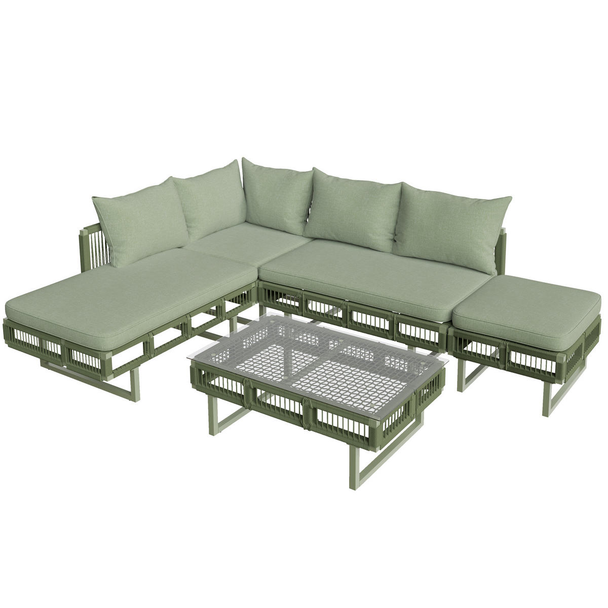 LOUNGESET, Seilgeflecht, Verstellbare Füße, Glas-Couchtisch, Grün - Grün, Metall - FLIEKS