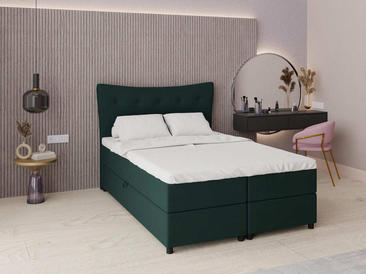 BOXBETT Nevada 140 x 200 cm Doppelbett mit hochwertiger Bonell-Matratze und Topper - grün - Grün, Holz (140/200cm) - Panda Möbel