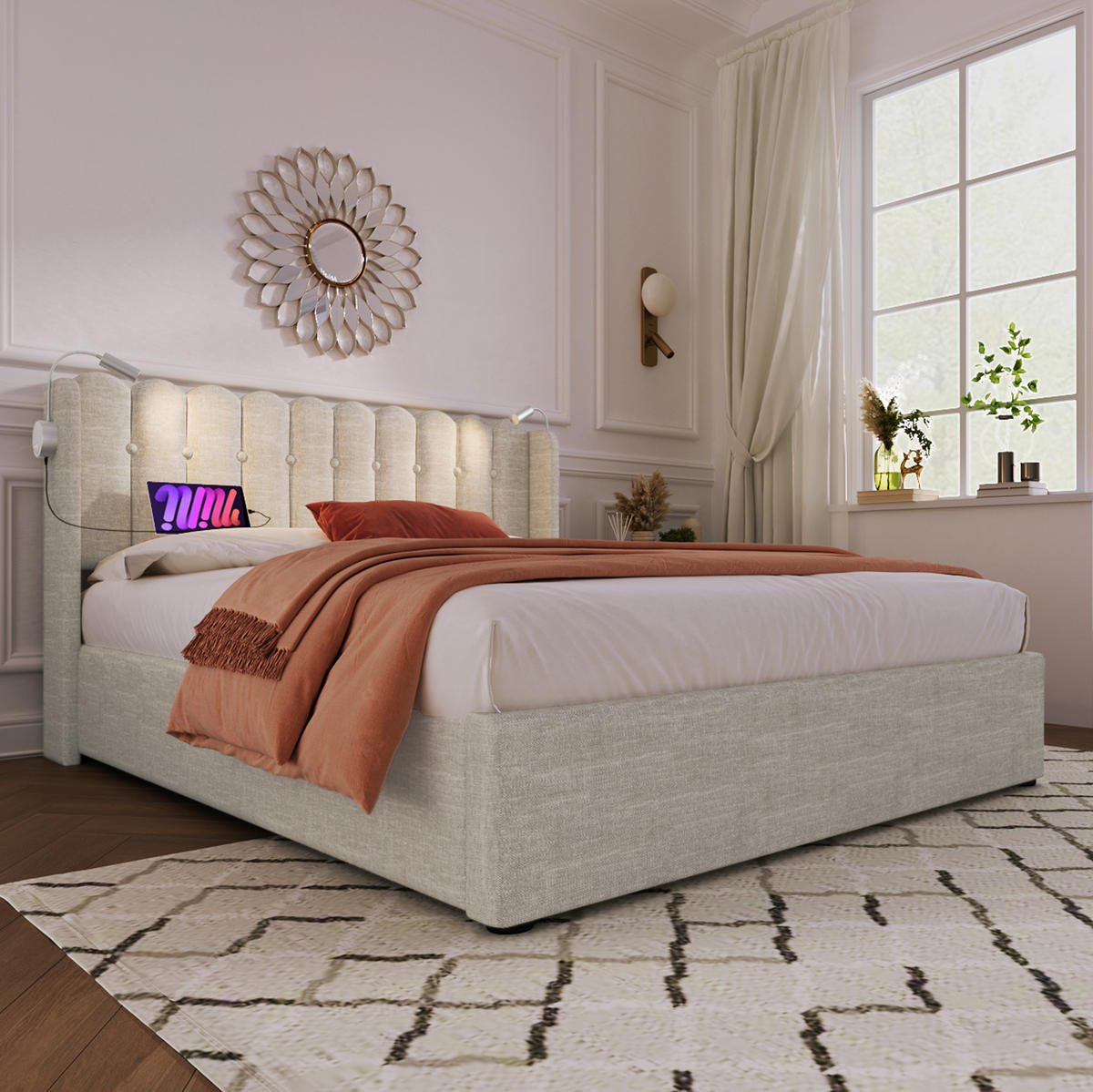 POLSTERBETT mit Bettkasten 140x200 cm Leinen Beige USB & Leselicht - Beige, Metall (140/200cm) - Meubliv
