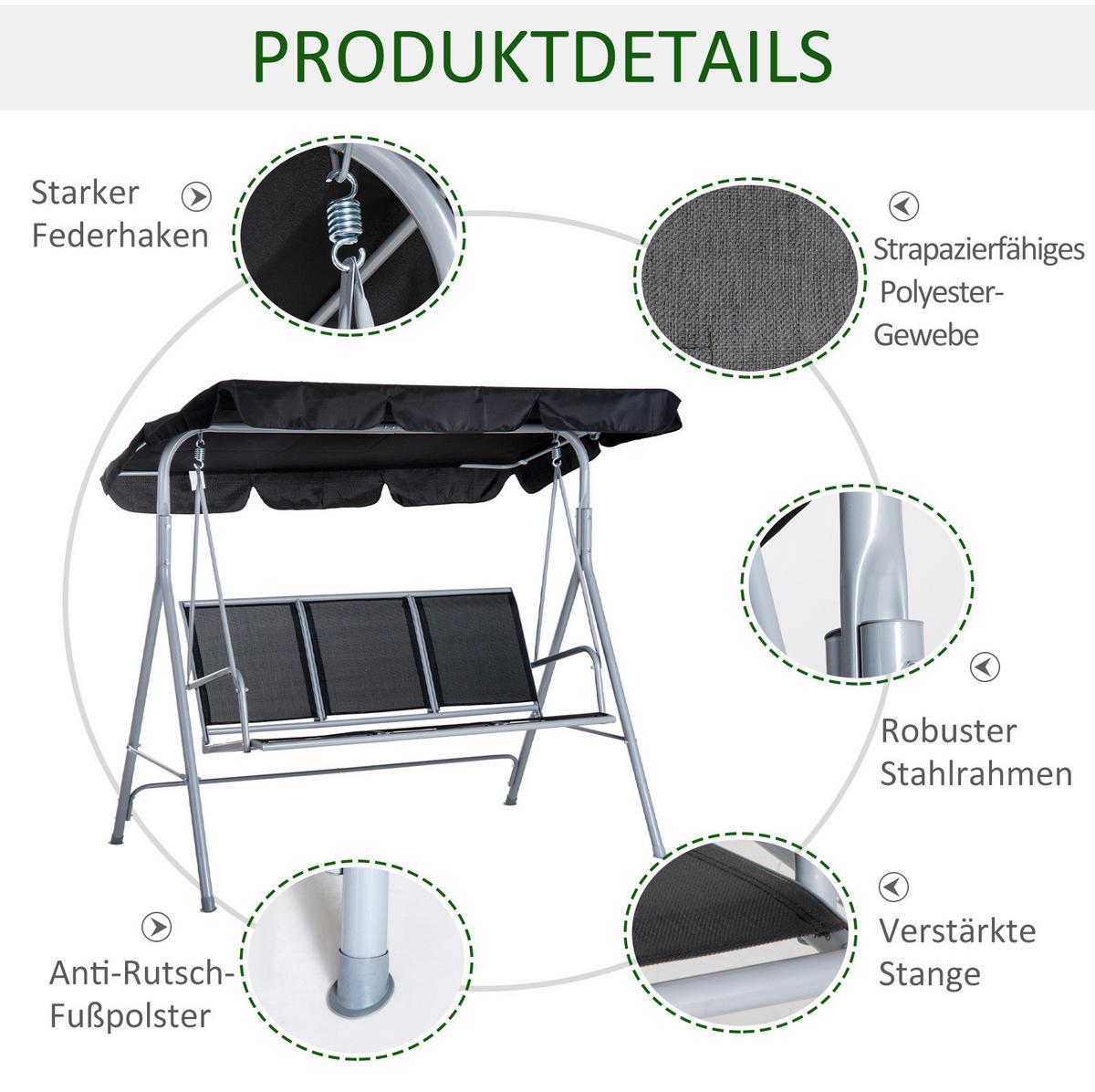 HOLLYWOODSCHAUKEL aus Metall 171x108x154cm in Grau mit verstellbarem Verdeck - Grau, Metall (108/154/171cm) - Modfu